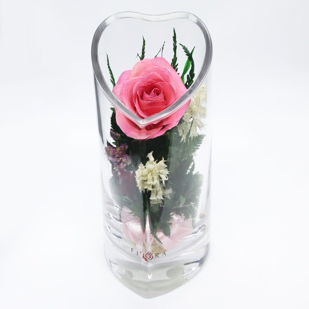 Flowers Pink Rose with White Limoniums Greenery in Heart-Shaped Vase